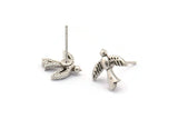 Silver Bird Earring, 6 Antique Silver Plated Brass Bird Stud Earrings (12x12x2mm) N1637