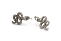 Silver Snake Earring, 4 Antique Silver Plated Brass Snake And Moon Stud Earrings (20x11x3mm) N1612 H1571