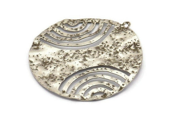 Silver Round Pendant, 4 Antique Silver Plated Brass Hammered Round Pendants With 1 Loop, Earrings, Findings (43x40x0.50mm) D847 H0771