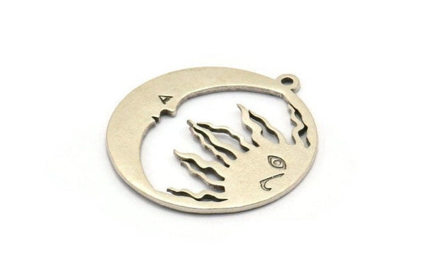 Moon and Sun, 2 Antique Silver Plated Brass, Silver Moon, Silver Sun, Silver Pendant, Silver Charm With 1 Loop (32x29x1.2mm) N1354 H1307