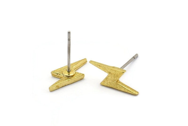 Brass Earring, 12 Raw Brass Lightning Bolt Stud Earrings (14x5x1.2mm) N1644