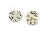 Silver Sun Earring, 2 Antique Silver Plated Brass Sun Stud Earrings (18x1.5mm) N1712