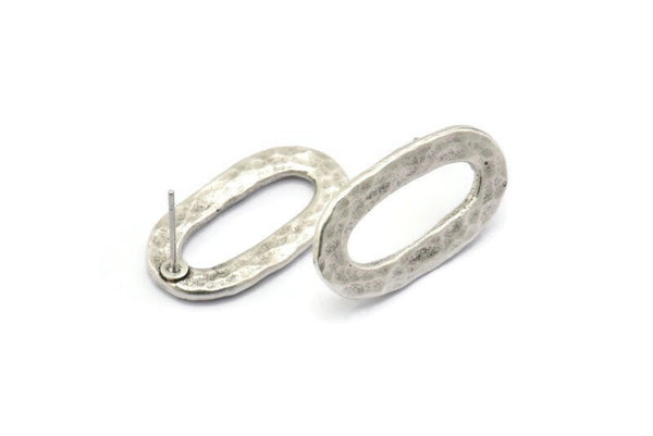 Silver Oval Earring, 2 Hammered Antique Silver Plated Brass Oval Stud Earrings (26x14x2mm) N1702