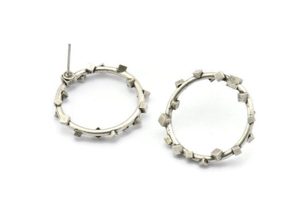 Silver Circle Earring, 2 Antique Silver Plated Brass Circle Stud Earrings (25x2mm) N1699