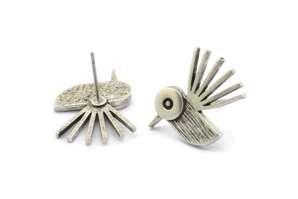 Silver Bird Earring, 2 Antique Silver Plated Brass Bird Stud Earrings (20x15x1.5mm) N1688 H0929