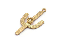 Cactus with Glass Setting, 2 Gold Plated Brass Cactus Charms with 4mm Stone Setting, Jewelry Supplies, Findings (37x18mm) N0228 Q0085