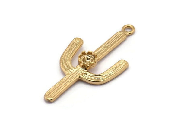 Cactus with Glass Setting, 2 Gold Plated Brass Cactus Charms with 4mm Stone Setting, Jewelry Supplies, Findings (37x18mm) N0228 Q0085