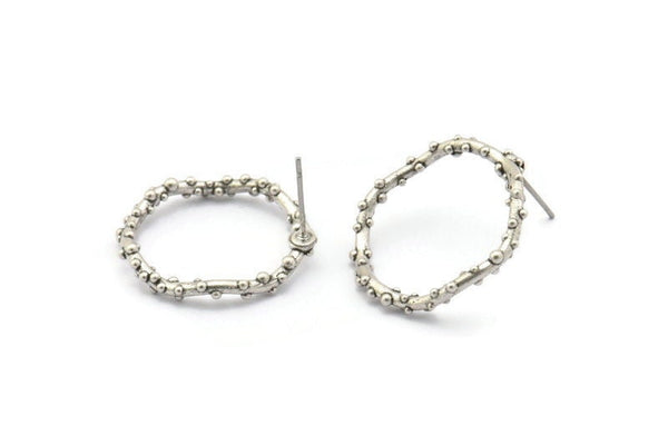 Silver Circle Earring, 2 Antique Silver Plated Brass Wavy Circle Stud Earrings (25x2mm) N1700