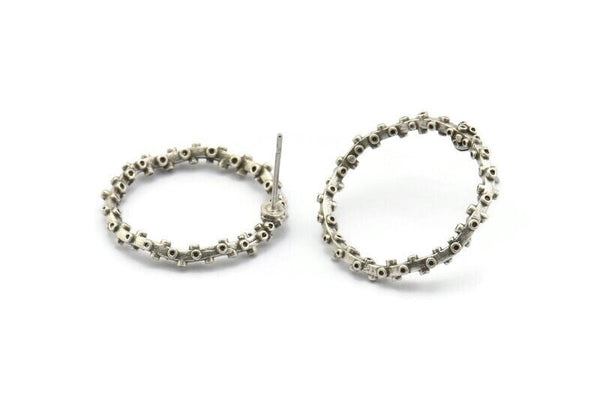 Silver Circle Earring, 2 Antique Silver Plated Brass Wavy Circle Stud Earrings (24x3mm) N1679