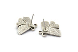 Silver Butterfly Earring, 2 Antique Silver Plated Brass Butterfly Stud Earrings (15x22x2mm) N1741