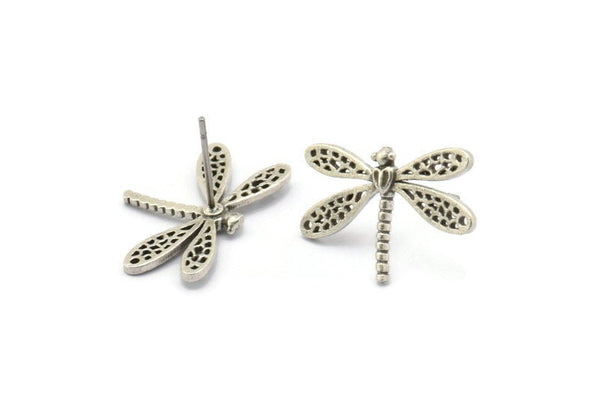 Silver Dragonfly Earring, 4 Antique Silver Plated Brass Dragonfly Stud Earrings (21x14mm) N1668 H1579
