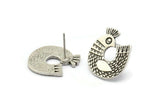 Silver Bird Earring, 2 Antique Silver Plated Brass Bird Stud Earrings (19x17x1.5mm) N1726