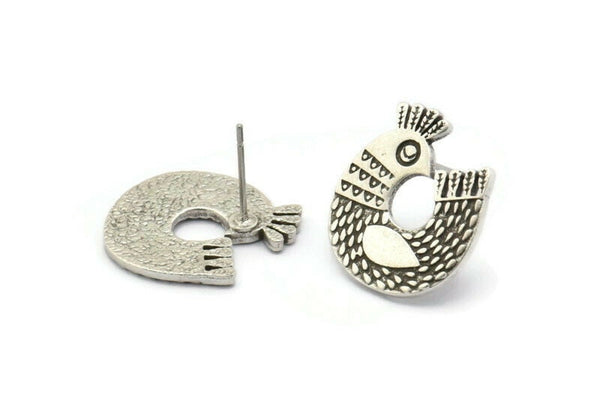 Silver Bird Earring, 2 Antique Silver Plated Brass Bird Stud Earrings (19x17x1.5mm) N1726
