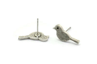 Silver Bird Earring, 6 Antique Silver Plated Brass Bird Stud Earrings (18x7x1.2mm) N1669