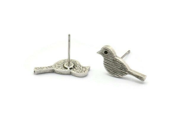 Silver Bird Earring, 6 Antique Silver Plated Brass Bird Stud Earrings (18x7x1.2mm) N1669