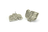 Silver Bird Earring, 2 Antique Silver Plated Brass Bird Stud Earrings (20x16x1.5mm) N1689