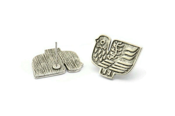 Silver Bird Earring, 2 Antique Silver Plated Brass Bird Stud Earrings (20x16x1.5mm) N1689