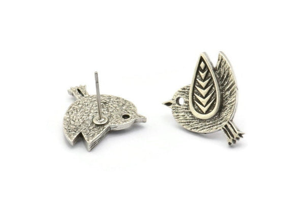 Silver Bird Earring, 2 Antique Silver Plated Brass Bird Stud Earrings (19x16x1.5mm) N1715