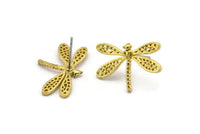 Brass Dragonfly Earring, 6 Raw Brass Dragonfly Stud Earrings (21x14mm) N1668