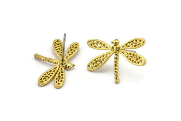 Brass Dragonfly Earring, 6 Raw Brass Dragonfly Stud Earrings (21x14mm) N1668