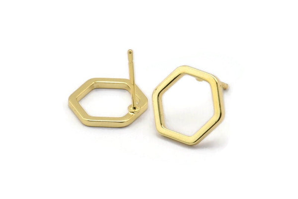 Gold Hexagon Earring, 4 Gold Plated Brass Hexagon Stud Earrings (12x1.2mm) D1649 A1411