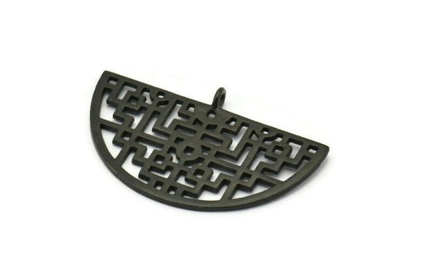 Black Ethnic Pendant, 2 Oxidized Black Brass Semi Circle Pendants with 1 Loop (37x22x1mm) V098