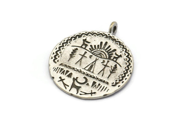 Silver Round Charm, Antique Silver Plated Brass Round Shaped Totem Charm With 1 Loop, Findings, Tags (34x29x1mm) N1873