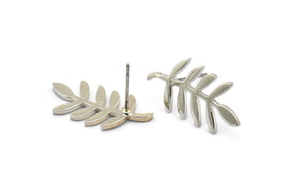 Silver Leaf Earring, 4 Silver Tone Brass Leaf Stud Earrings, Findings (23x12x1.2mm) N1631 H1506