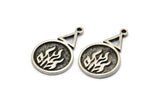 Silver Element Charm, 2 Antique Silver Plated Brass Fire Element Symbol Charms With 1 Loop (24x15x1.8mm) N1977