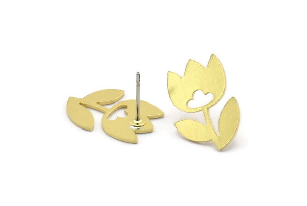 Brass Flower Earring, 8 Raw Brass Tulip Flower Shaped Stud Earrings (17x12x0.80mm) A2660