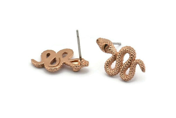 Rose Gold Snake Earring, 4 Rose Gold Plated Brass Snake And Moon Stud Earrings (20x11x3mm) N1612 Q0730