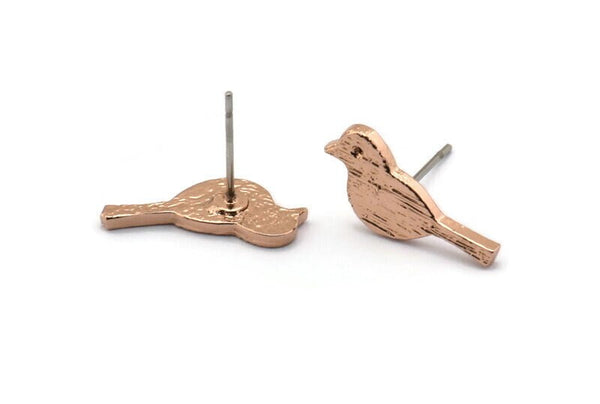 Rose Gold Bird Earring, 4 Rose Gold Plated Brass Bird Stud Earrings (18x7x1.2mm) N1669