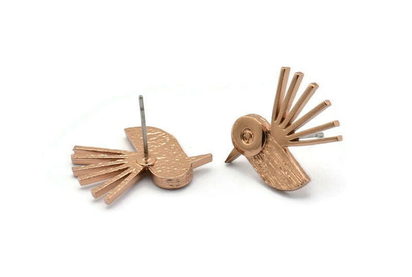 Rose Gold Bird Earring, 2 Rose Gold Plated Brass Bird Stud Earrings (20x15x1.5mm) N1688 H0929