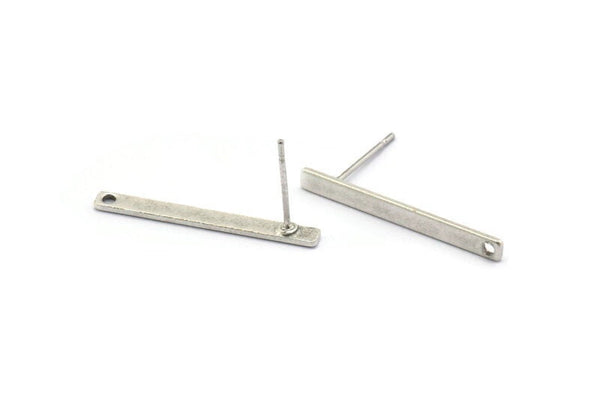 Silver Rectangle Earring, 10 Antique Silver Plated Brass Stud Earrings With 1 Hole (25x2.5x0.80mm) E392 A1773