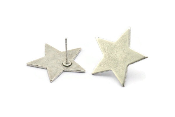 Silver Star Earring, 4 Antique Silver Plated Brass Star Stud Earrings (22x1mm) BS 1859 A1812