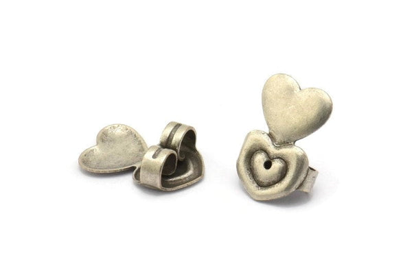 Silver Heart Stopper, 24 Antique Silver Plated Brass Heart Earring Back Stopper, Earring Stud Back Stoppers (14x10mm) D1104
