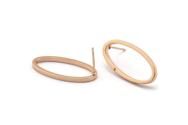 Rose Gold Oval Earring, 2 Rose Gold Plated Brass Oval Stud Earrings (14x28x1.4x1.8mm) BS 1739 A1186 Q1020