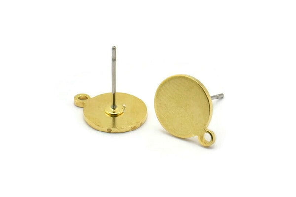 Brass Round Earring, 10 Raw Brass Round Stud Earrings With 1 Loop (12.5x10x1mm) E040 A1789