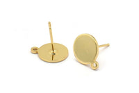 Gold Round Earring, 6 Gold Plated Brass Round Stud Earrings With 1 Loop (12.5x10x1mm) E040 A1789