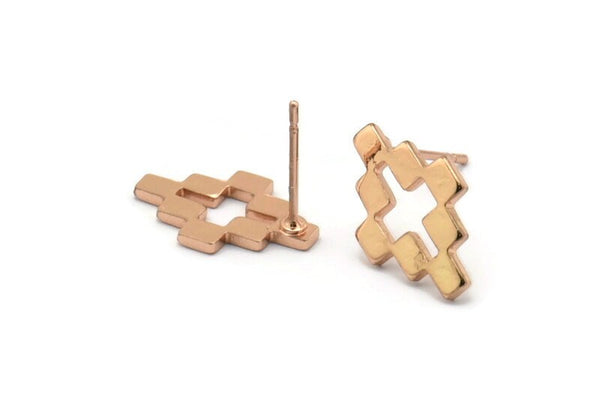 Rose Gold Puzzle Earring, 4 Rose Gold Plated Brass Stud Earrings (10x15x1mm) D1015 A1241