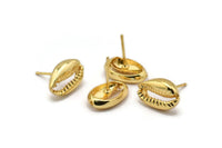 Gold Shell Earring, 4 Gold Plated Brass Cowrie Shell Stud Earrings (14x9mm) N1959