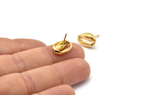 Gold Shell Earring, 4 Gold Plated Brass Cowrie Shell Stud Earrings (14x9mm) N1959