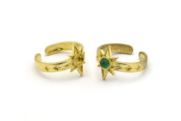 Brass Star Ring, 2 Raw Brass Ethnic Star Rings With 1 Stone Settings - Pad Size 4mm N1960