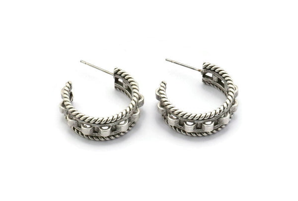 Earring Stud, Antique Silver Plated Brass - Round Earring - Brass Earring - Earring (24x9mm) N1582