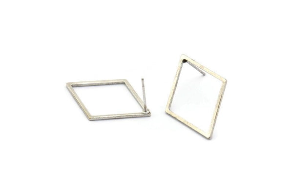 Silver Diamond Earring, 8 Antique Silver Plated Brass Diamond Stud Earrings (27x20x1mm) A2588 A1710