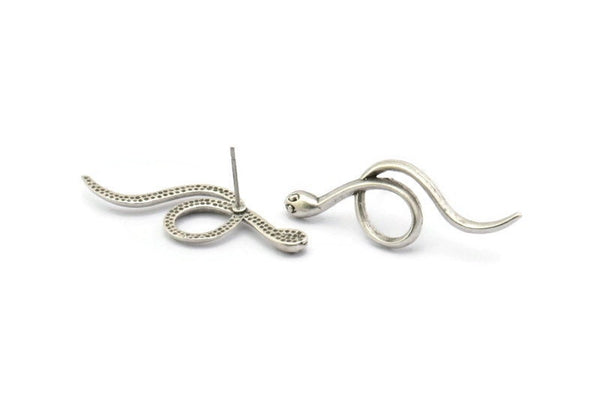 Silver Snake Earring, 4 Antique Silver Plated Brass Snake Stud Earrings (38x13x2mm) N1593 H1679