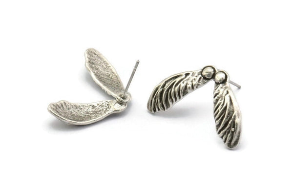 Silver Maple Seed Earring, 2 Antique Silver Plated Brass Maple Seed Stud Earrings, Findings (27x16mm) N1603