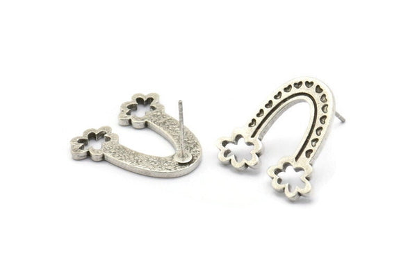 Earring Studs, 2 Antique Silver Plated Brass -  Silver Earrings - Silver Earrings - Rainbow Earrings - Earrings (20x21x1.5mm) N1539