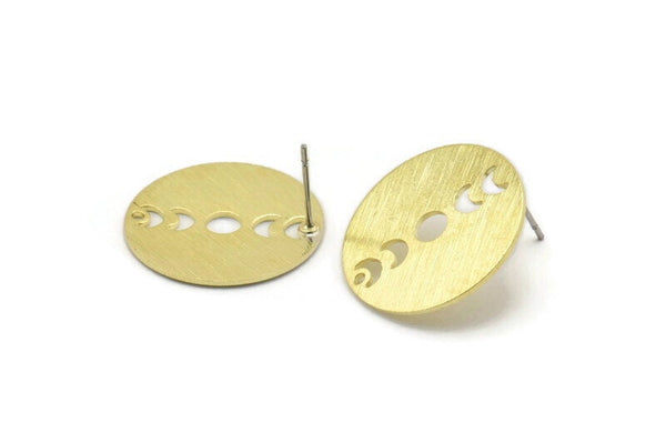 Brass Round Earring, 4 Textured Raw Brass Moon Phases Shaped Round Stud Earrings With 1 Hole (22x0.80mm) M02912 A0242