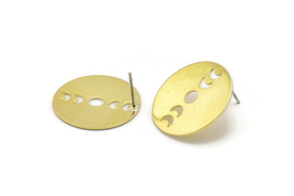 Brass Round Earring, 4 Raw Brass Moon Phases Shaped Round Stud Earrings (22x0.80mm) M02701 A0244